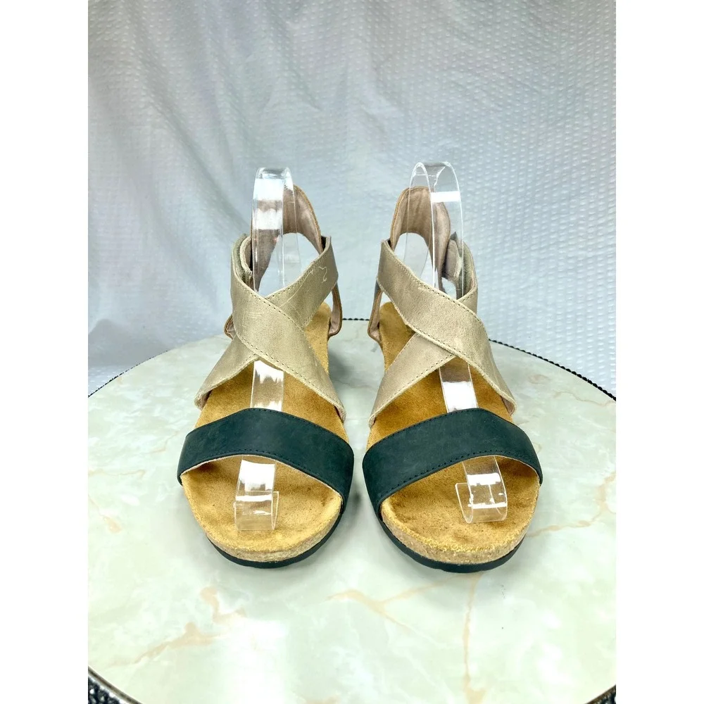 Naot Vixen Leather Crisscross Wedge Sandals Womens 6.5 Oily Coal Beige Comfort